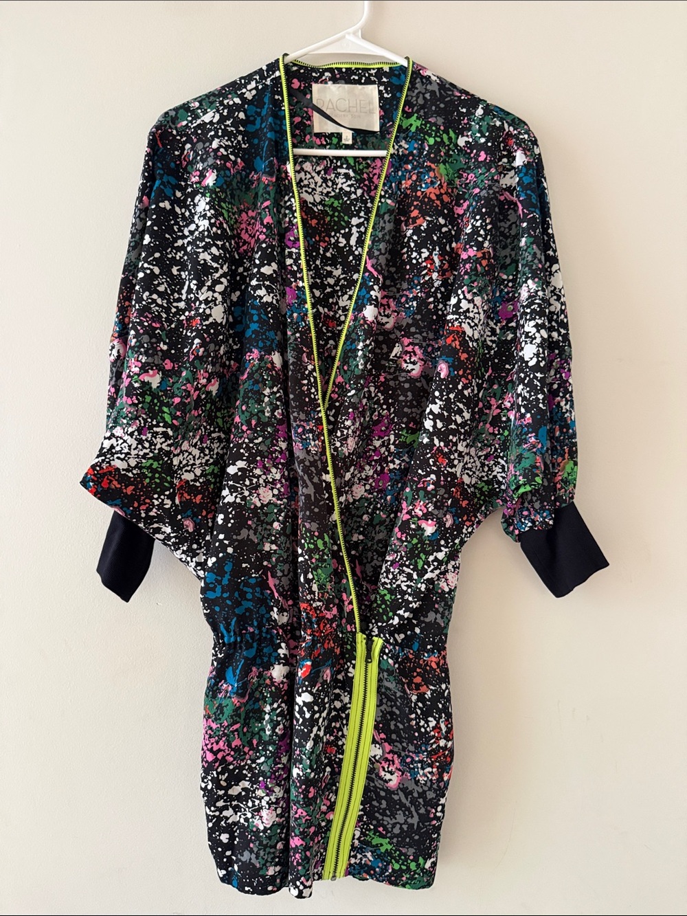 RACHEL Rachel Roy Black Multicolor Splatter Mini Dress with Neon Lime Zip